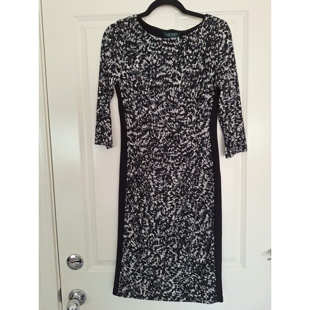 Lauren Ralph Lauren Dress Size 6 Black White Crosshatch Print Sheath 3/4 Sleeve